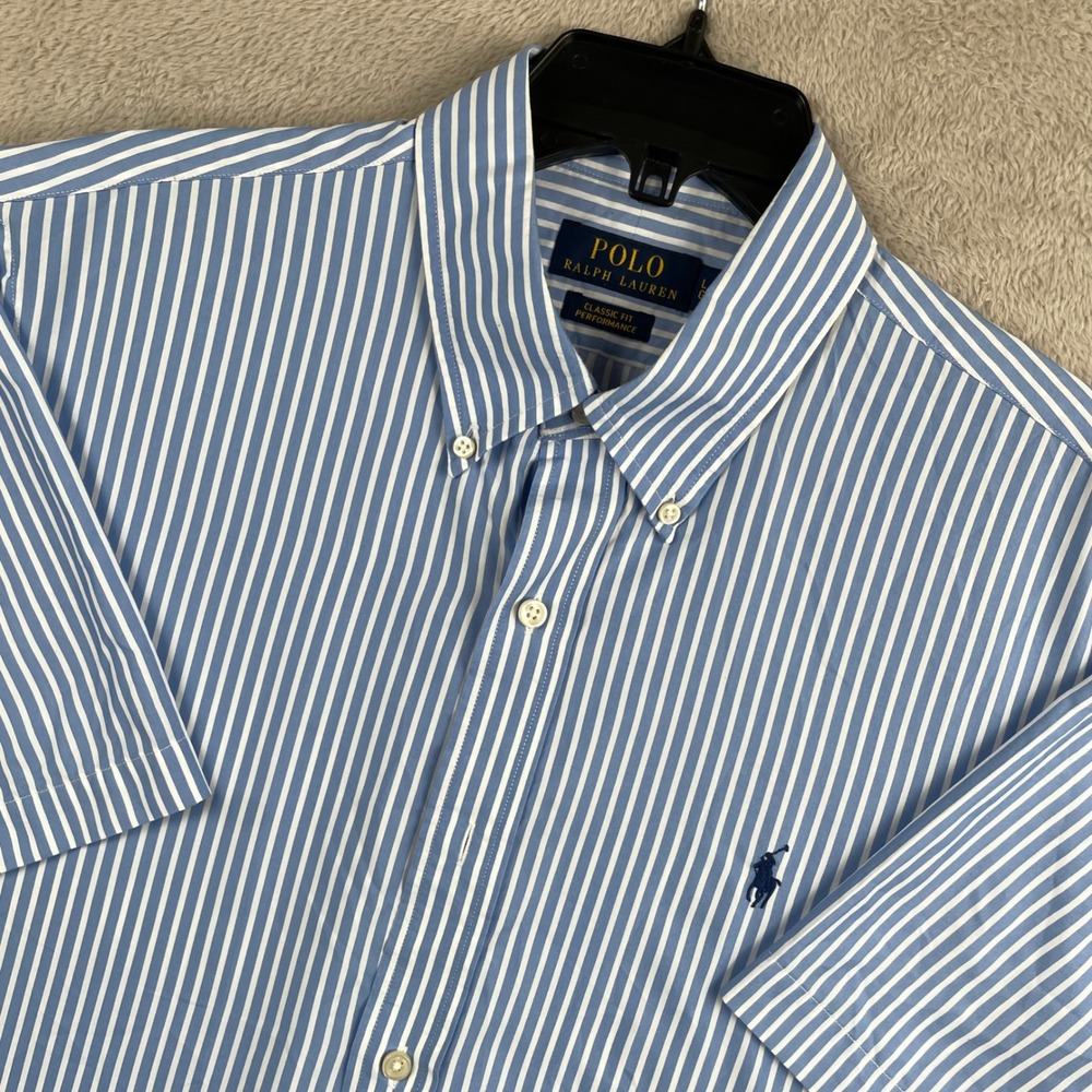 Polo Ralph Lauren Shirt Mens Large Blue Striped Coolmax Performance Button Down - Picture 1 of 8